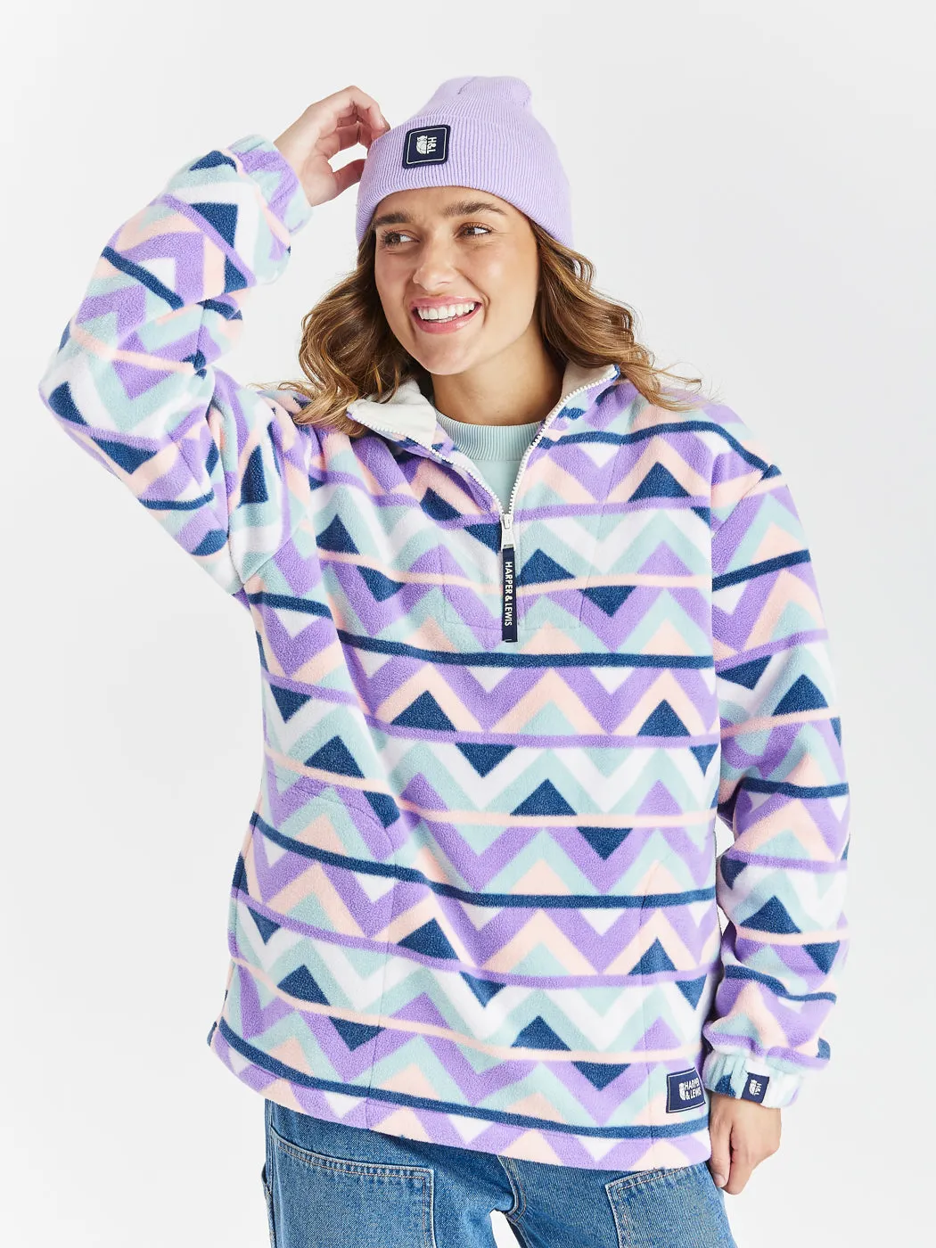 Raver Retro Pattern 1/4 Zip Fleece Cream & Navy