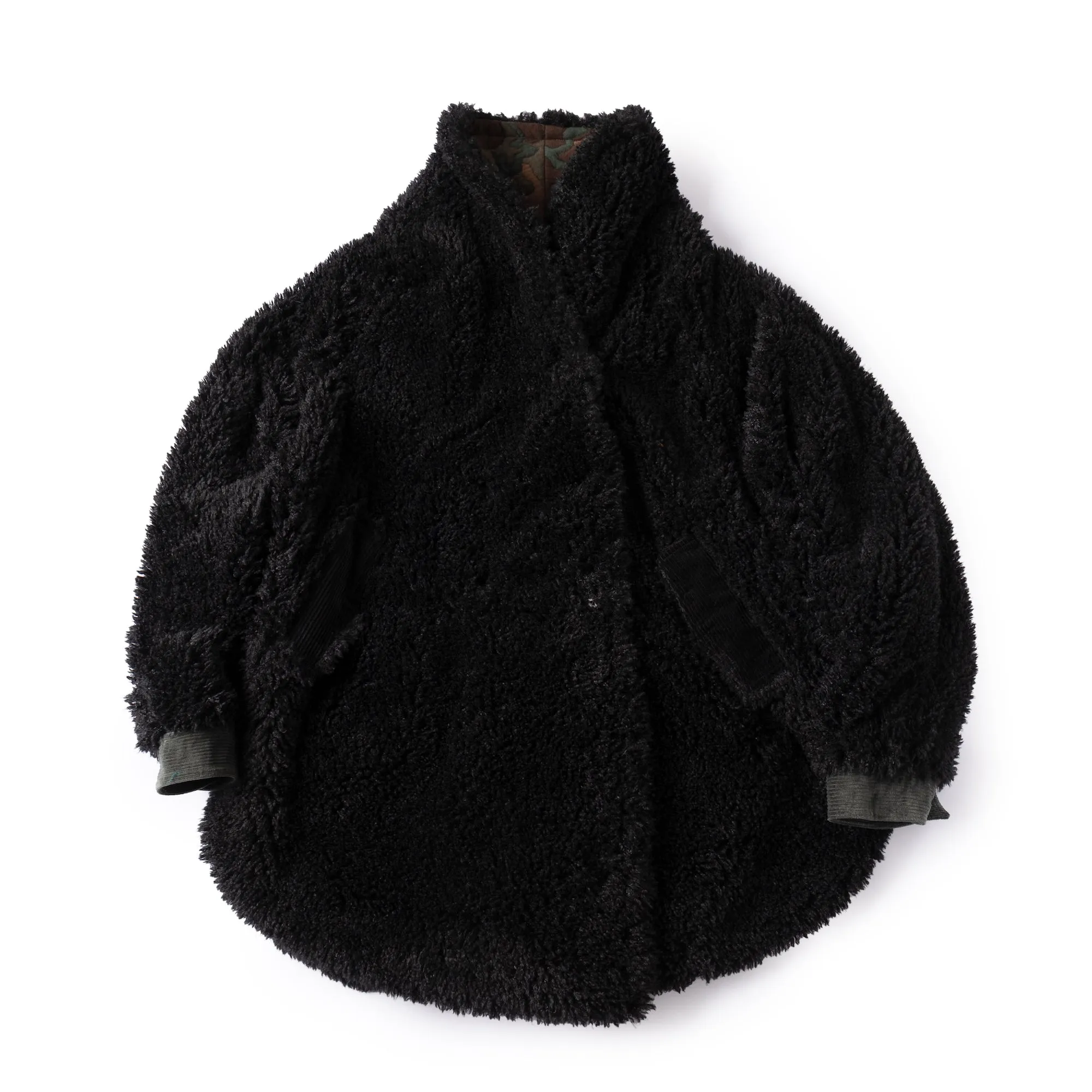 Reversible Dolman Coat - Camo Quilt - Black Faux Fur