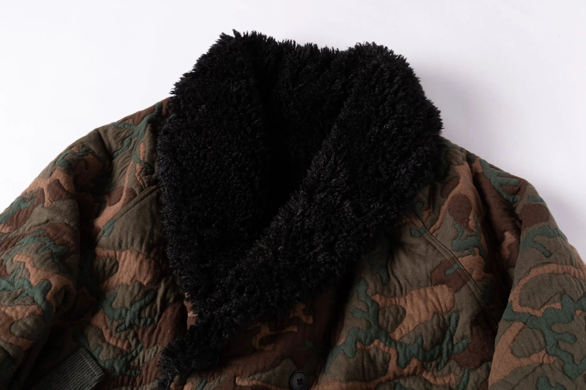 Reversible Dolman Coat - Camo Quilt - Black Faux Fur