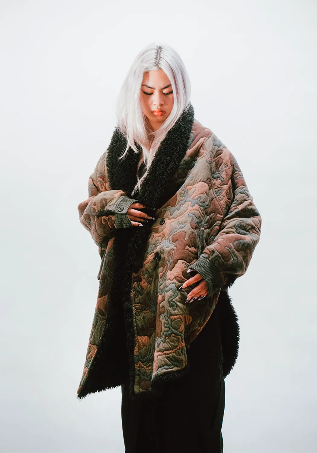 Reversible Dolman Coat - Camo Quilt - Black Faux Fur