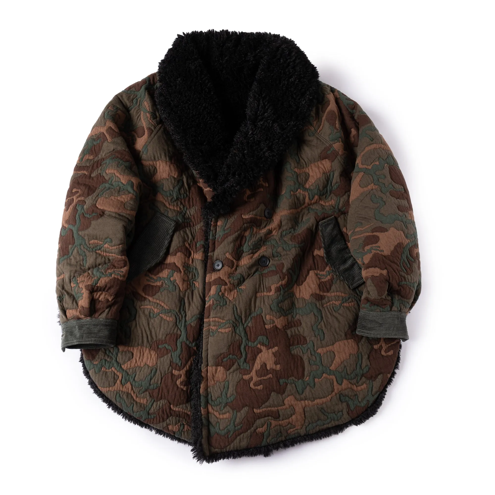 Reversible Dolman Coat - Camo Quilt - Black Faux Fur