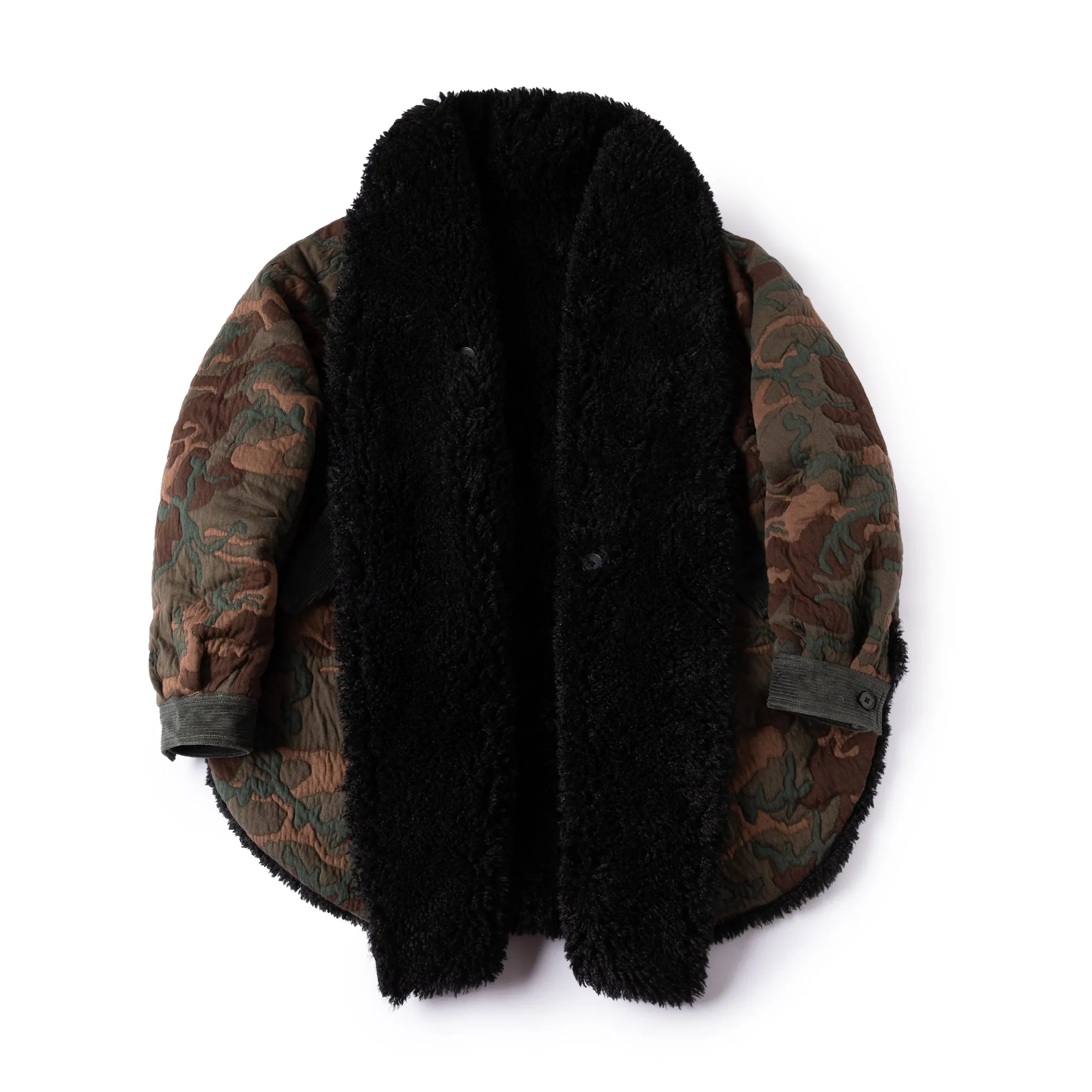 Reversible Dolman Coat - Camo Quilt - Black Faux Fur