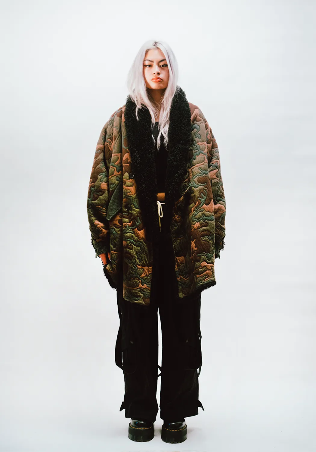 Reversible Dolman Coat - Camo Quilt - Black Faux Fur