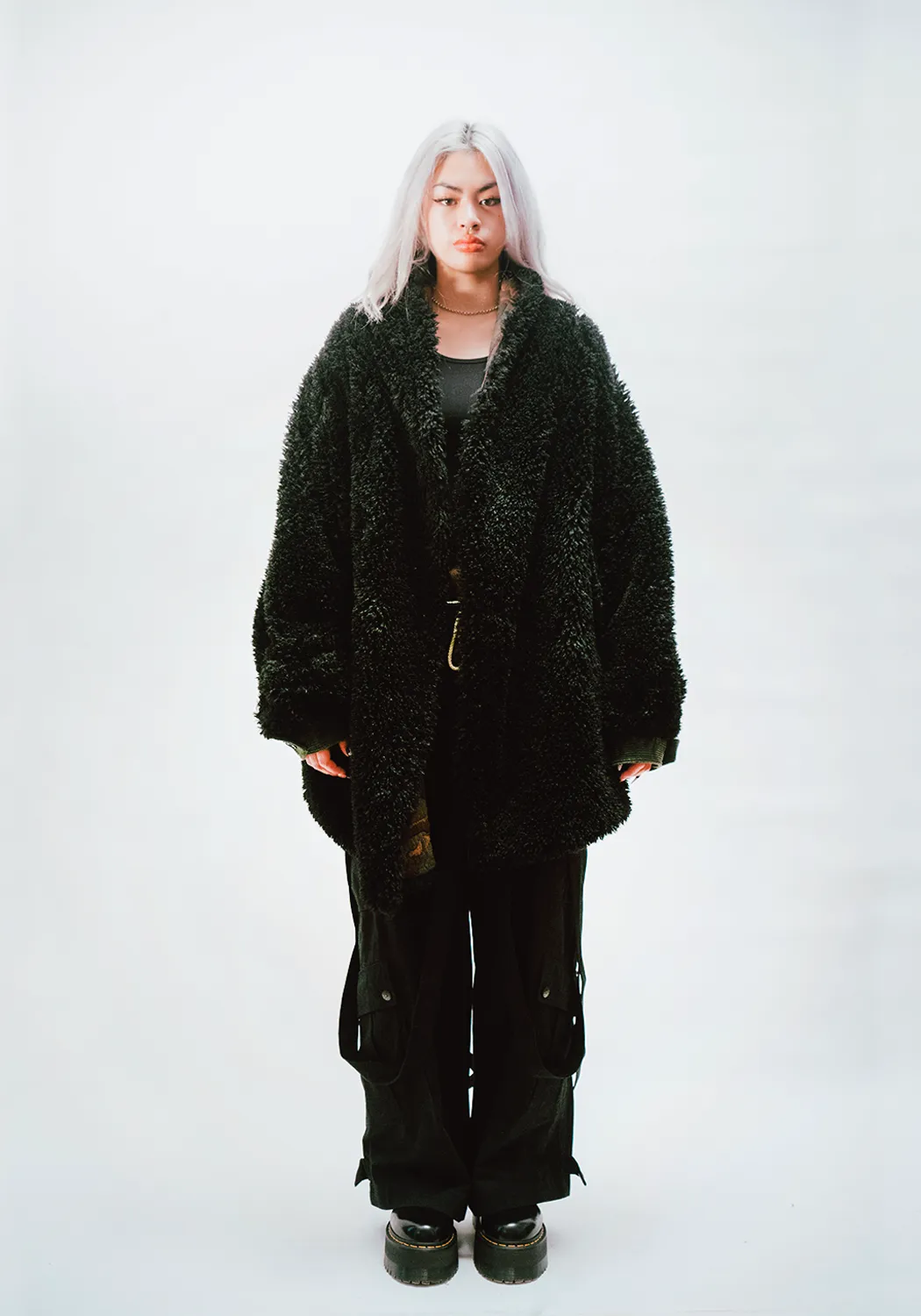 Reversible Dolman Coat - Camo Quilt - Black Faux Fur