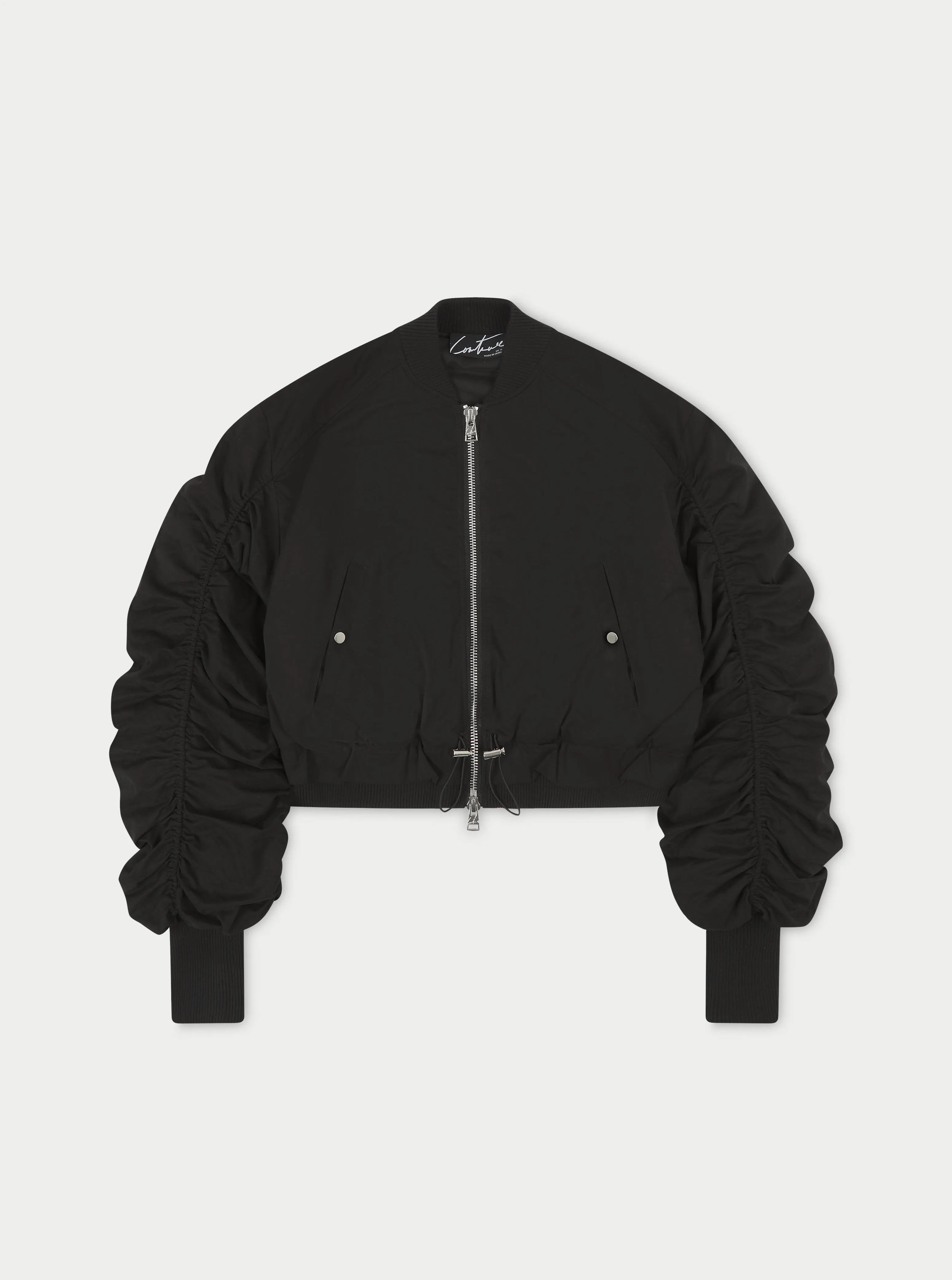 RUCHED DETAIL PEACHED BOMBER JACKET - BLACK