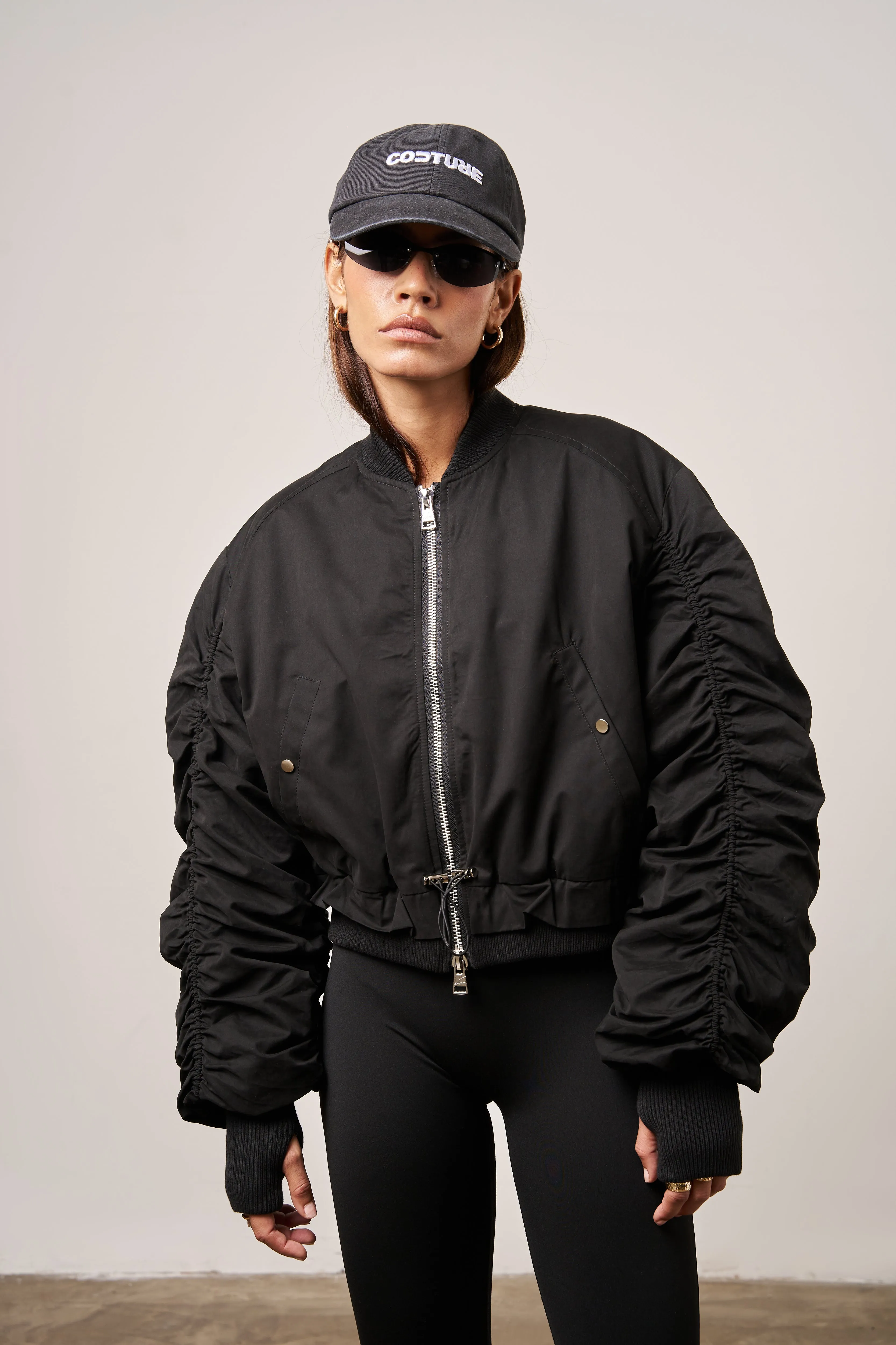 RUCHED DETAIL PEACHED BOMBER JACKET - BLACK