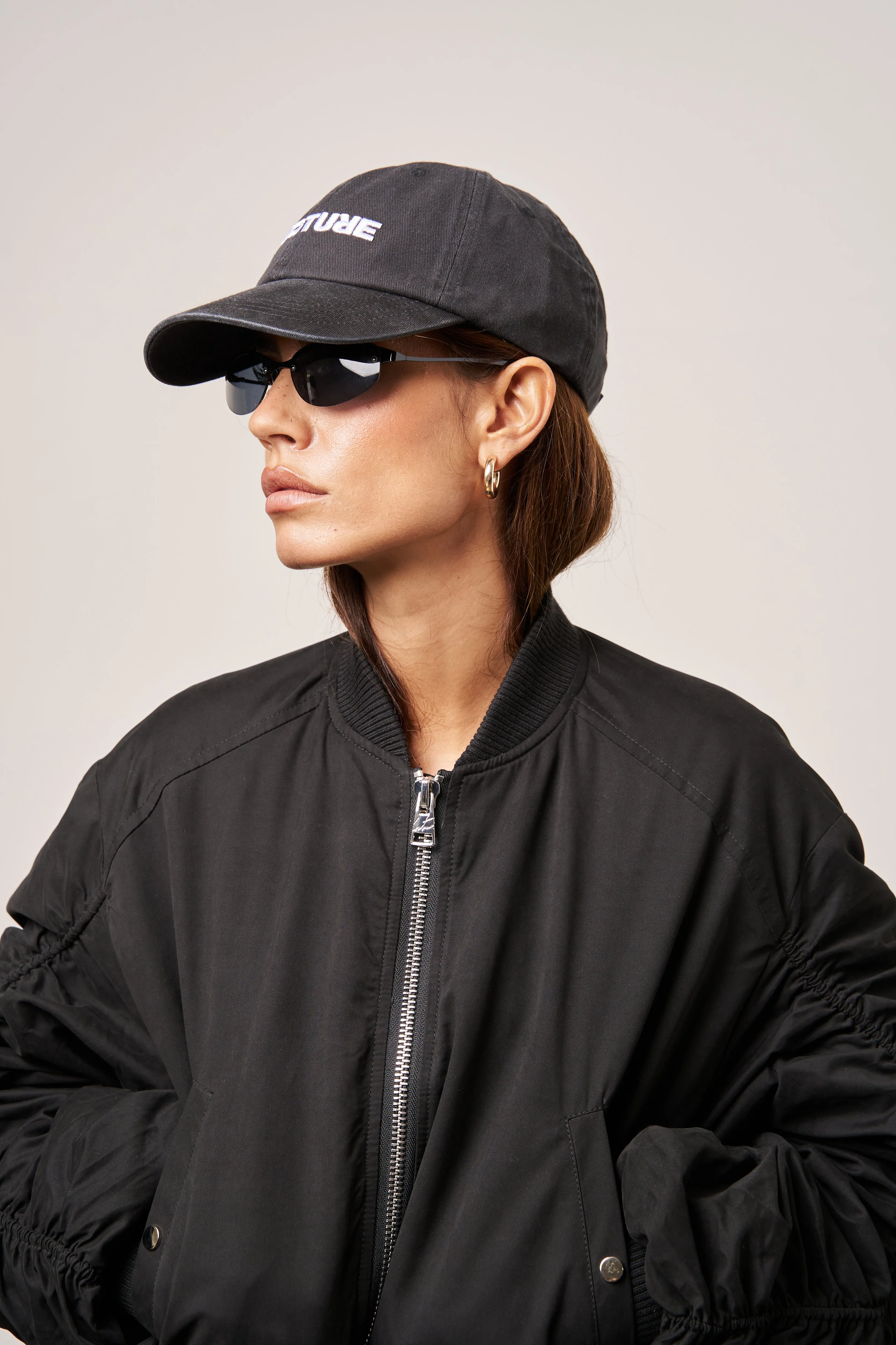 RUCHED DETAIL PEACHED BOMBER JACKET - BLACK