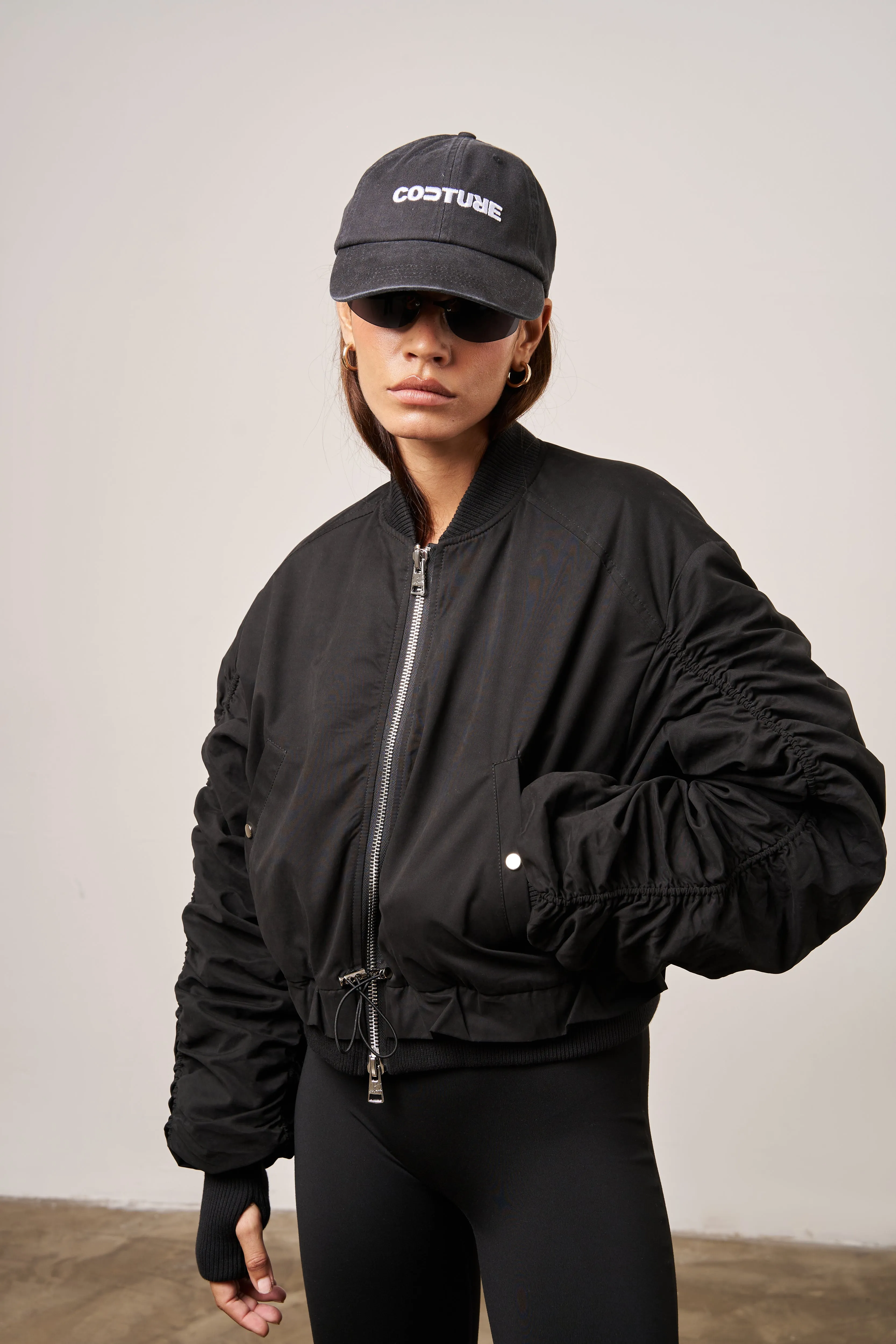 RUCHED DETAIL PEACHED BOMBER JACKET - BLACK