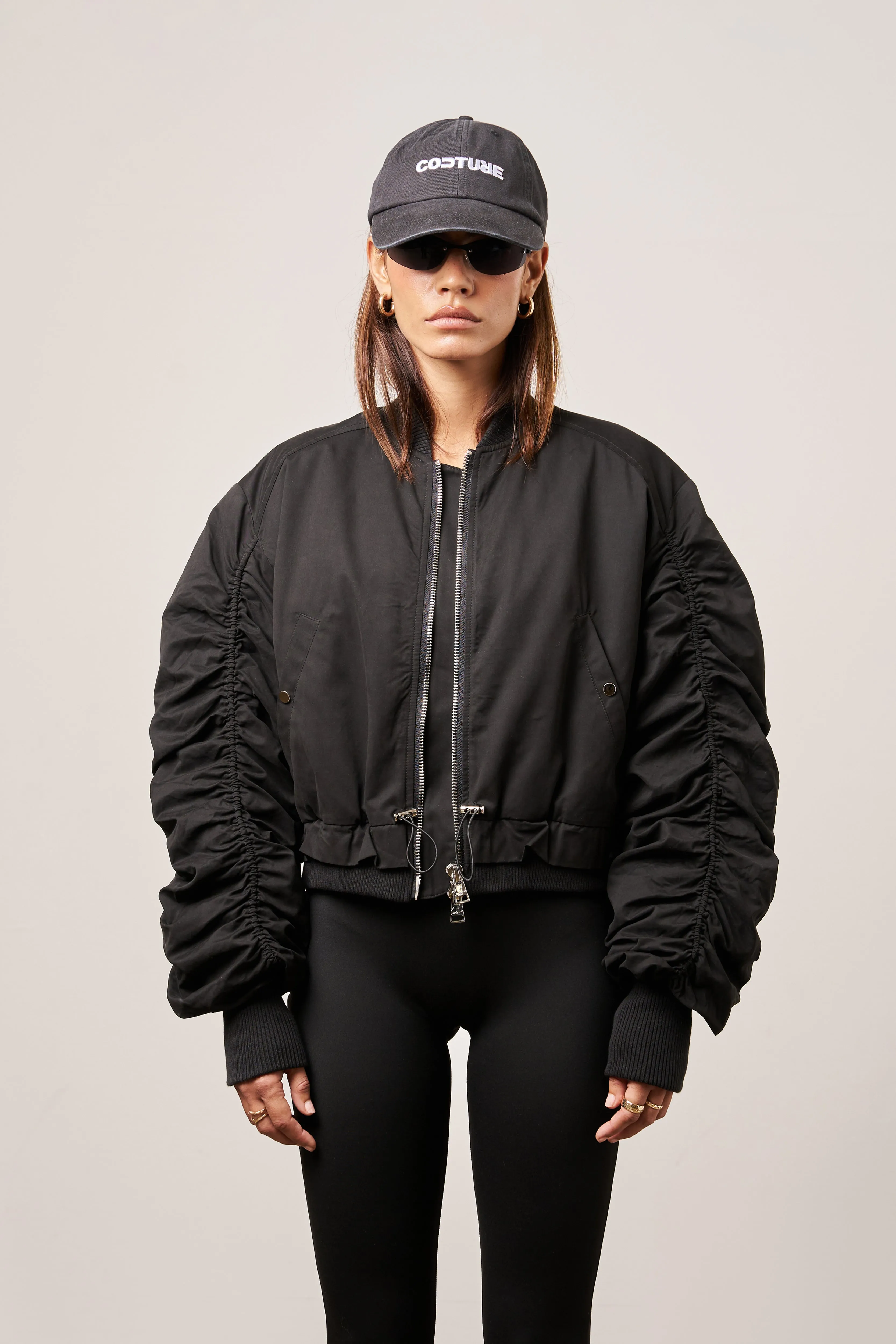 RUCHED DETAIL PEACHED BOMBER JACKET - BLACK