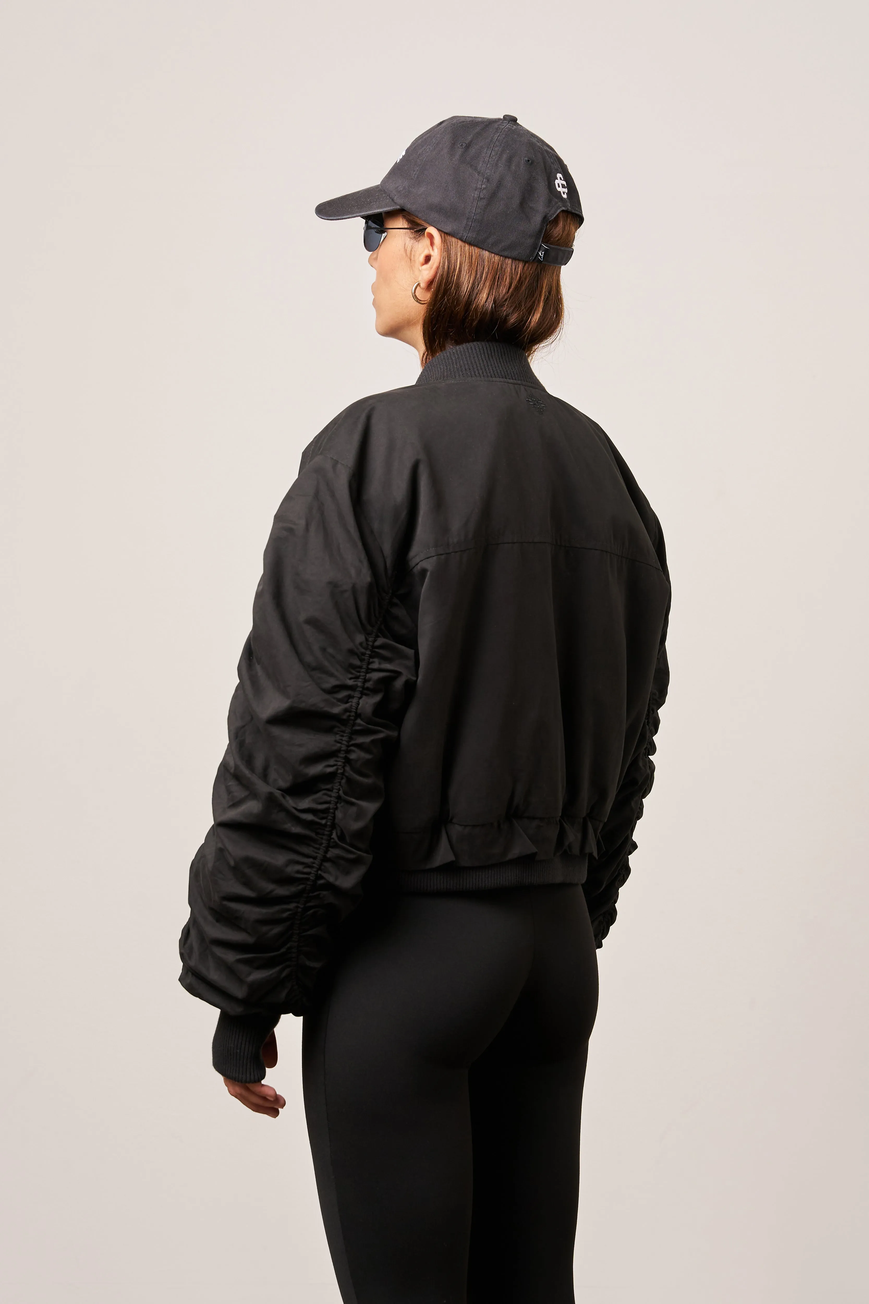 RUCHED DETAIL PEACHED BOMBER JACKET - BLACK