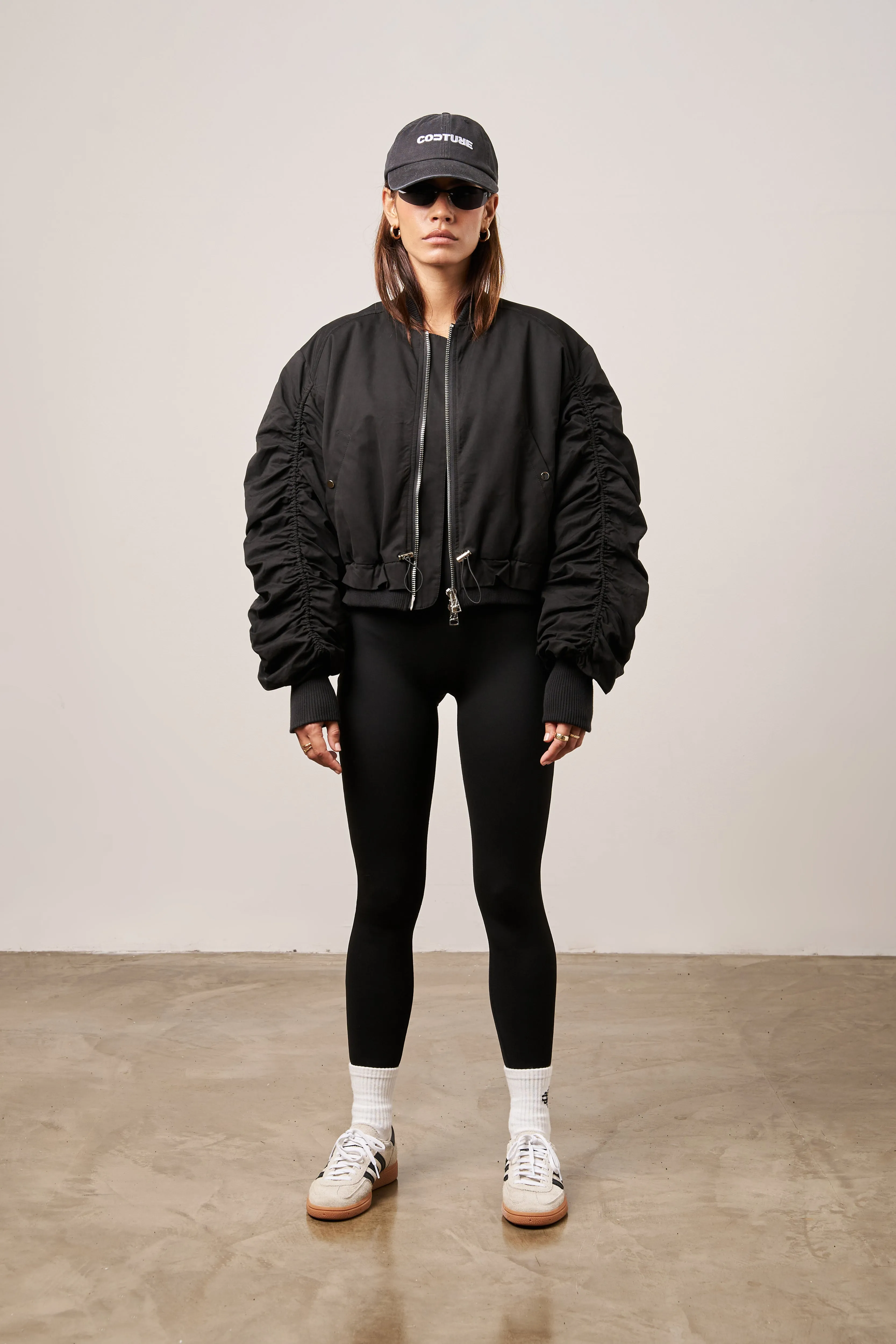 RUCHED DETAIL PEACHED BOMBER JACKET - BLACK