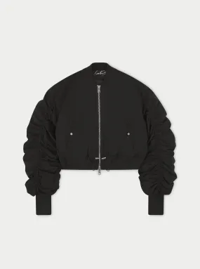 RUCHED DETAIL PEACHED BOMBER JACKET - BLACK