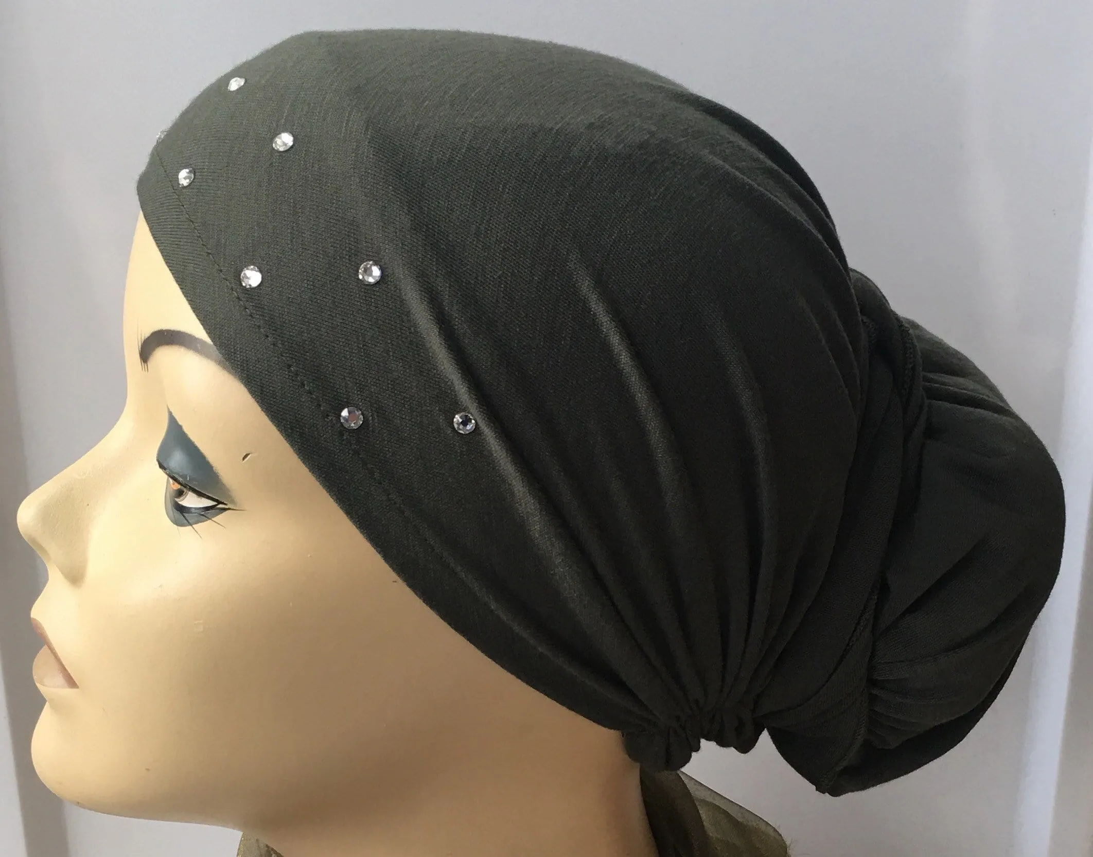 Rustic Design Headwear | New Easy Slip On Style Premium Green Pre-Tied Headscarf Hijab Tichel With Crystal Design