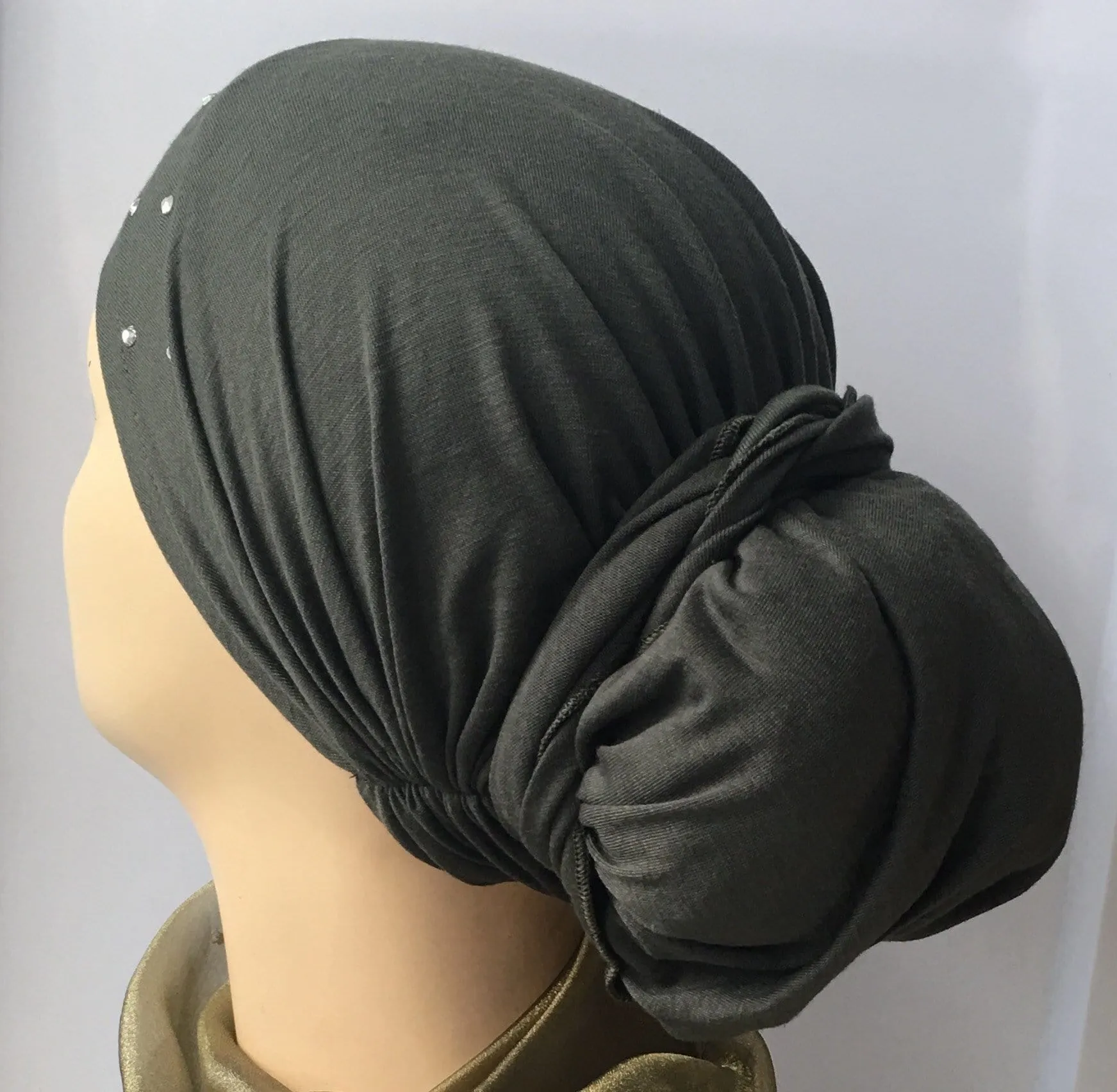 Rustic Design Headwear | New Easy Slip On Style Premium Green Pre-Tied Headscarf Hijab Tichel With Crystal Design