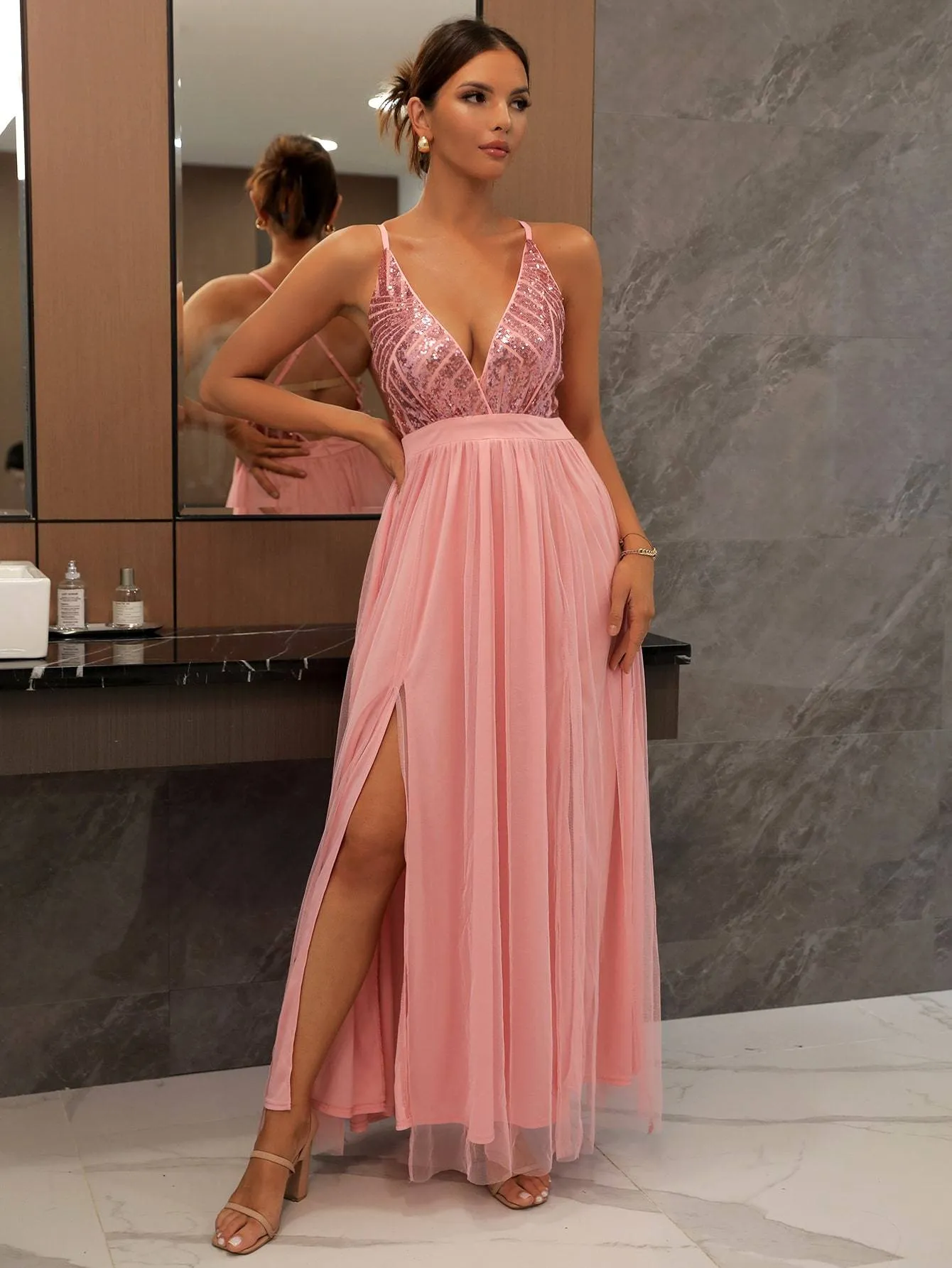 Sequin V-Neck Maxi Dress / Elegant Summer Glamour