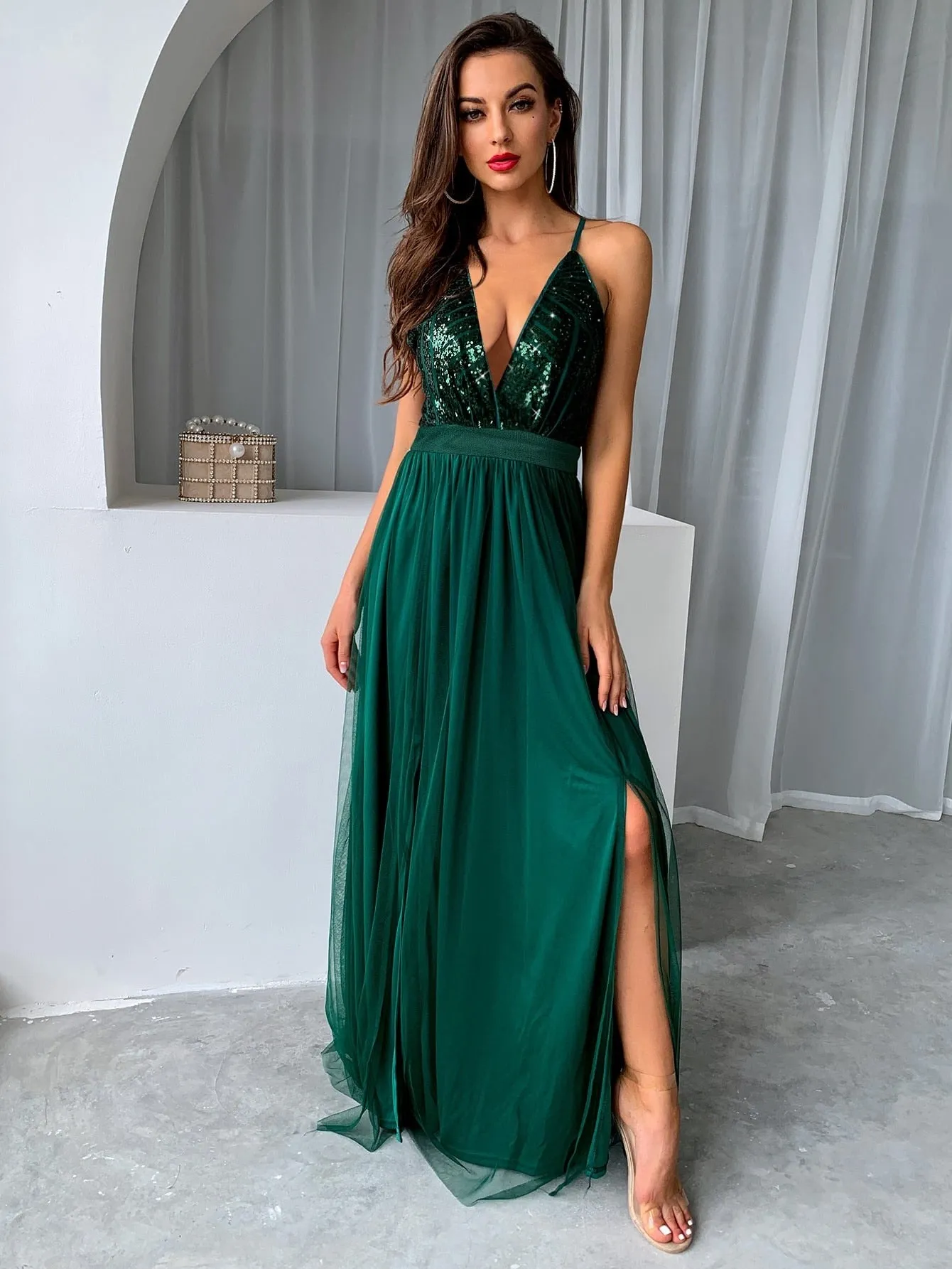 Sequin V-Neck Maxi Dress / Elegant Summer Glamour