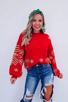 Serene Snowflake Print Sweater - Red