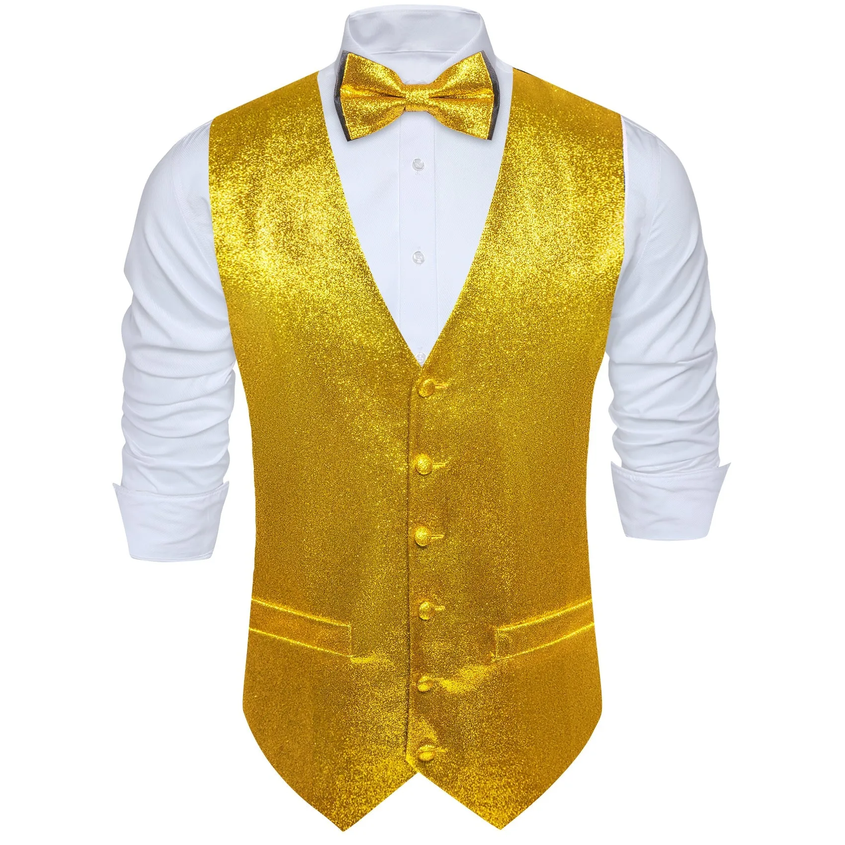 Shining Golden Glitter Solid Jacquard Silk Men's Vest Bow Tie Set Waistcoat Suit Set