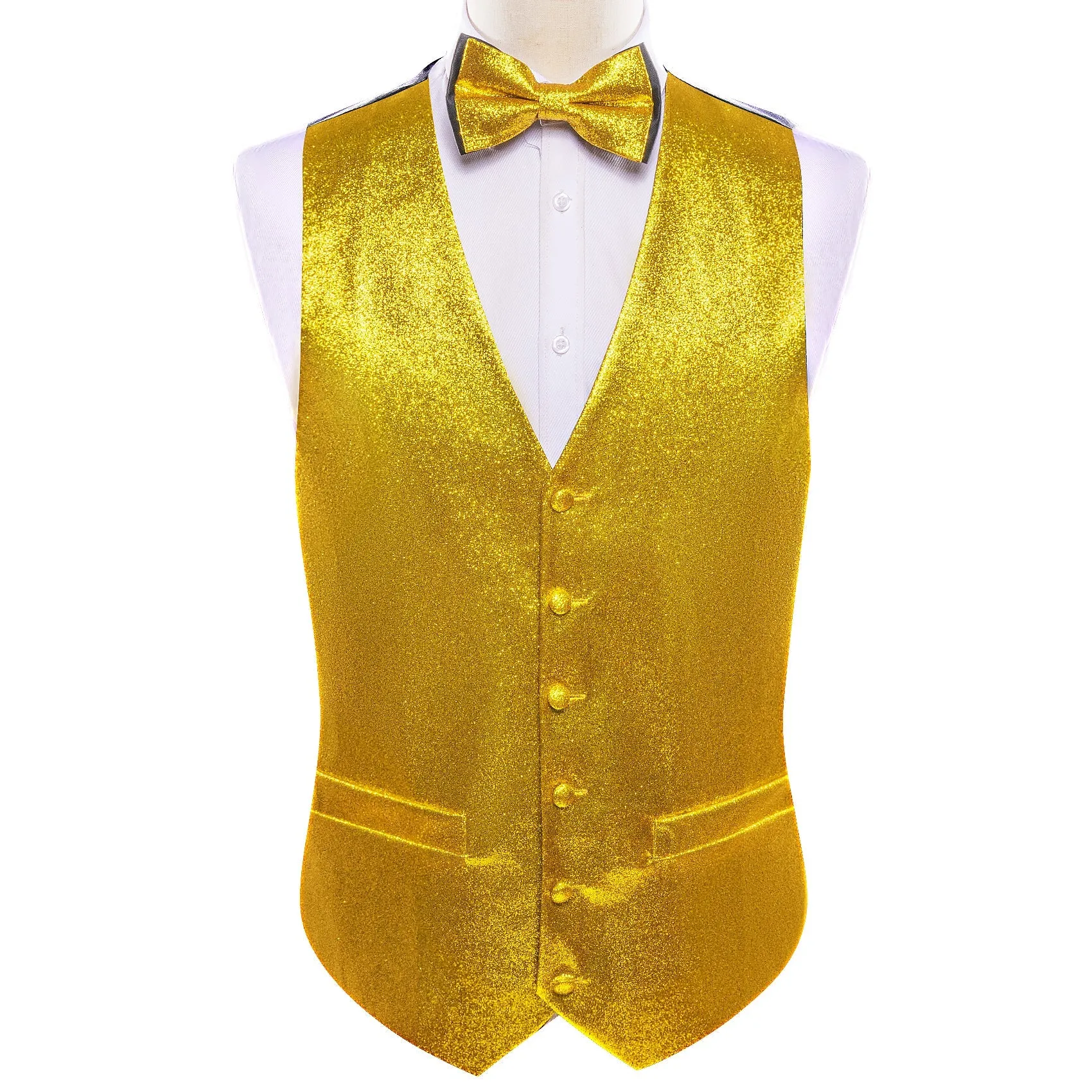 Shining Golden Glitter Solid Jacquard Silk Men's Vest Bow Tie Set Waistcoat Suit Set