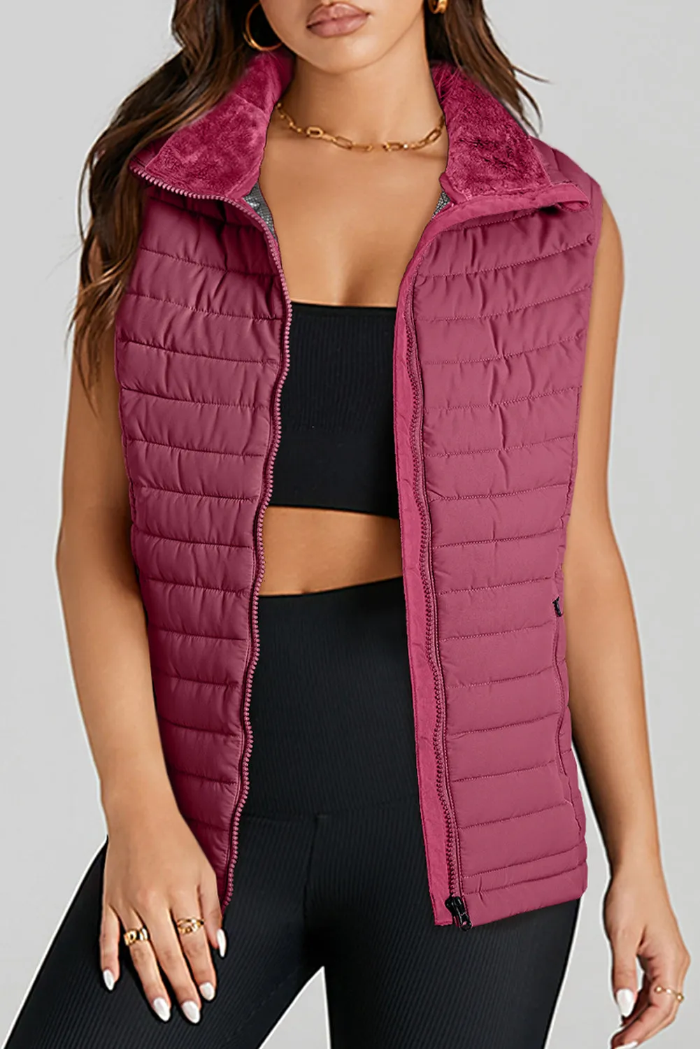 Sky Blue Plush Collared Quilted Zipped Puffer Vest