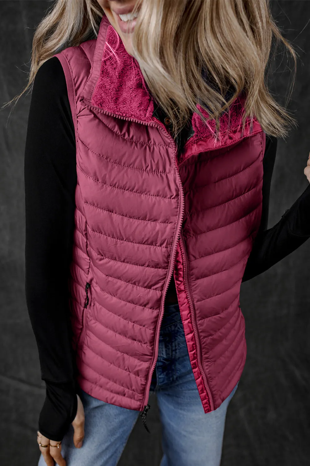 Sky Blue Plush Collared Quilted Zipped Puffer Vest