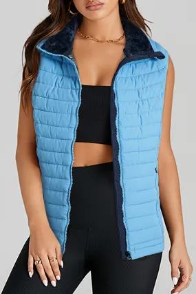 Sky Blue Plush Collared Quilted Zipped Puffer Vest