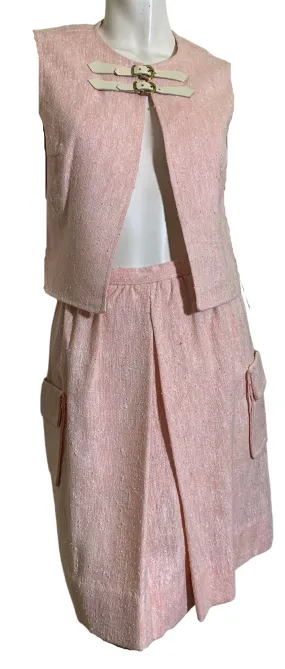 Slubbed Pink Rayon Vest and Mini Skirt Set with Buckles circa 1970s