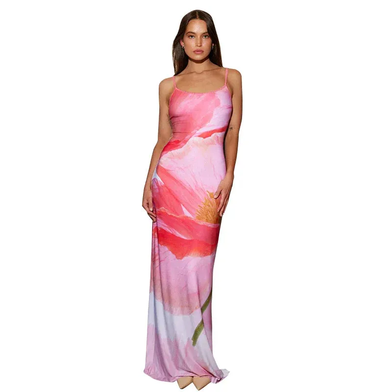 Spaghetti Strap Backless Maxi Dress with Contrast Patchwork - Women's Fashion Beach Printed Dress