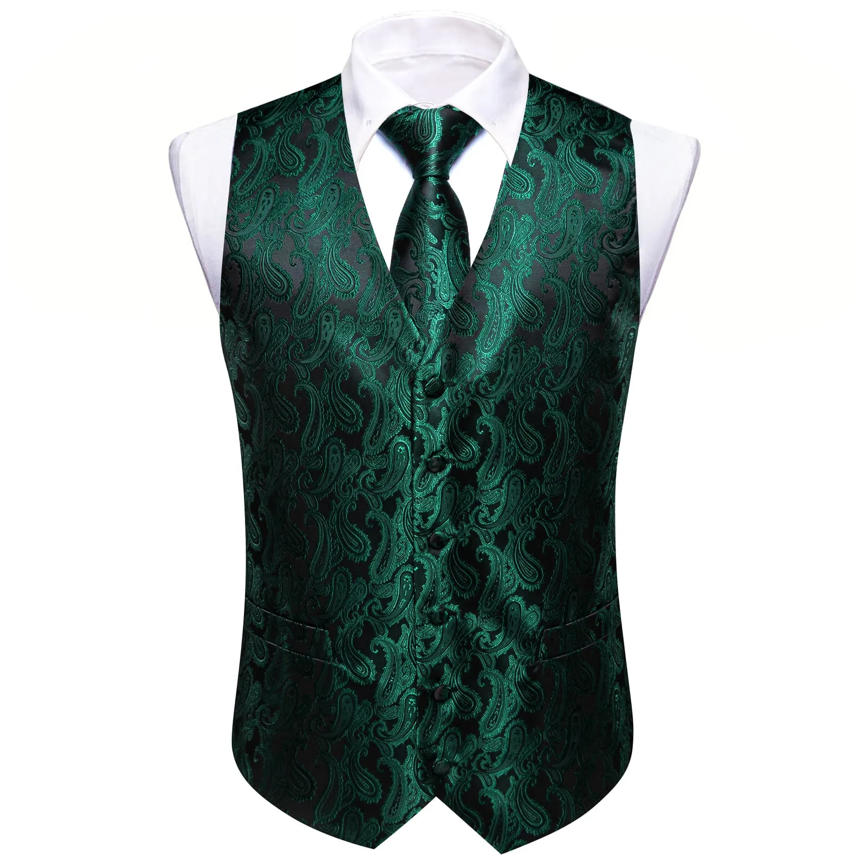 Ties2you Mens Vest Top Sapphire Pine Green Paisley Silk Dress Vest Tie Pocket Square Cufflinks Set