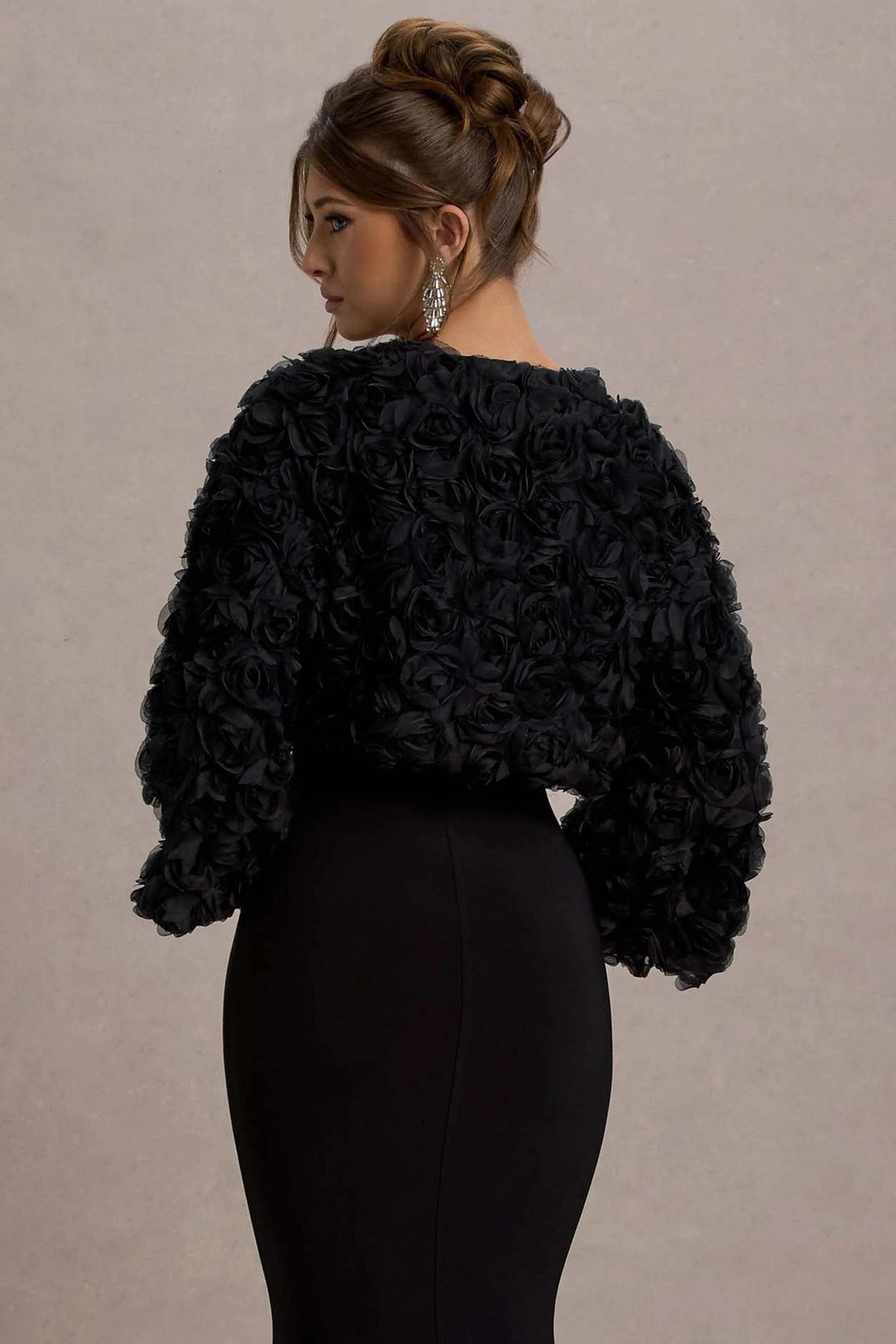 Tulip Twirl | Black Mesh Floral Cropped Jacket