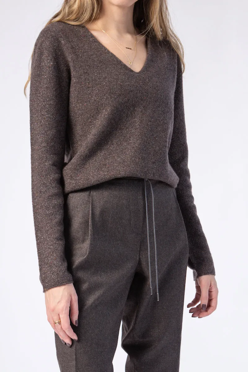 V-Neck Sweater in Marled Brown