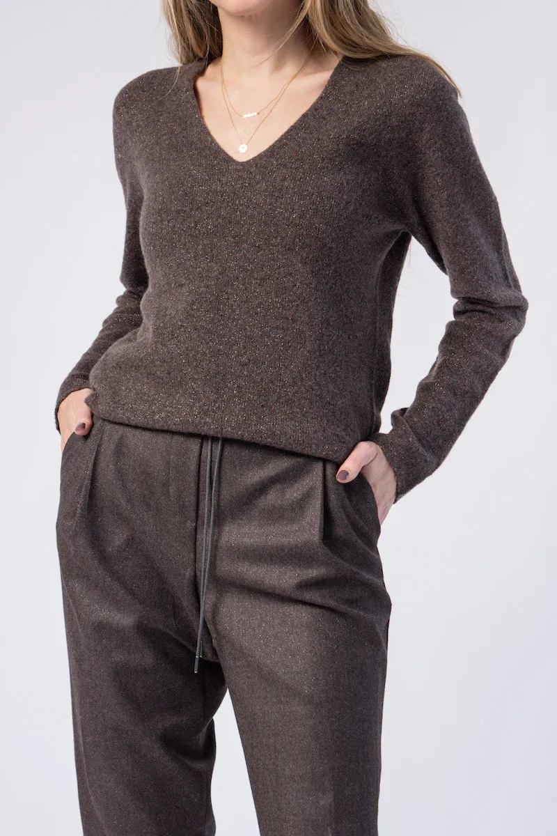 V-Neck Sweater in Marled Brown