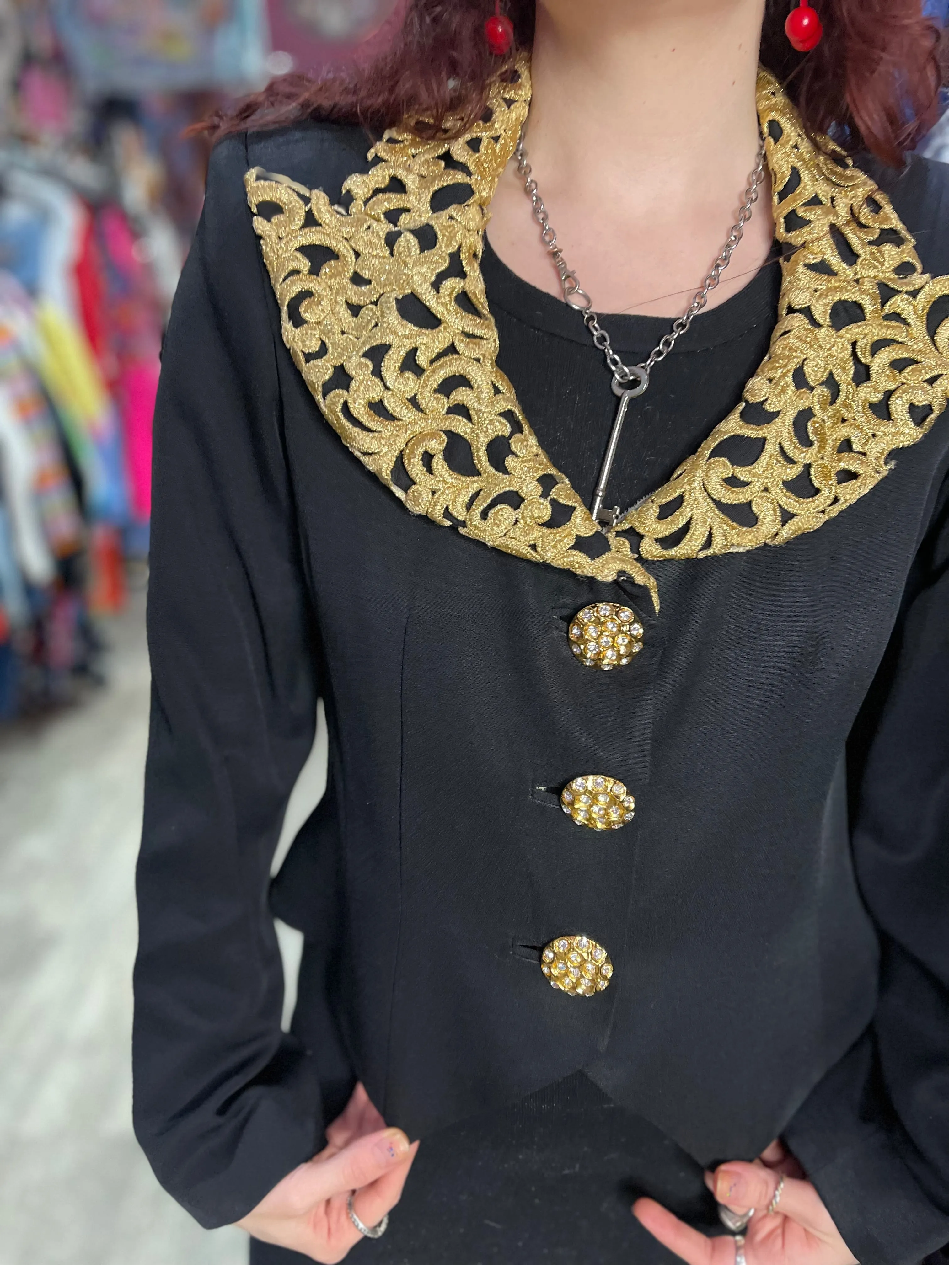 Vintage 90s Black with Gold Collar Cropped Jacket