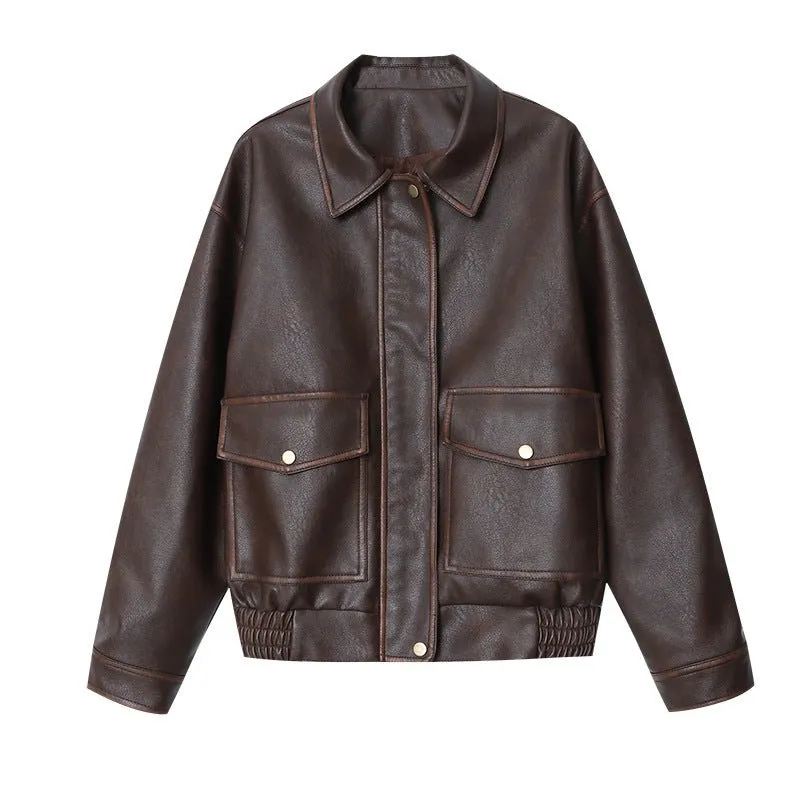 Vintage Loose Leather Jacket Coat (MS061)