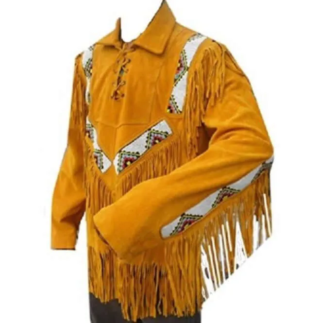 Western Men Cowboy Suede Jacket, Tan Suede Leather Jacket With Fringes