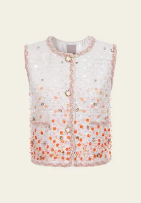 White Beaded Sequin Tweed Vest