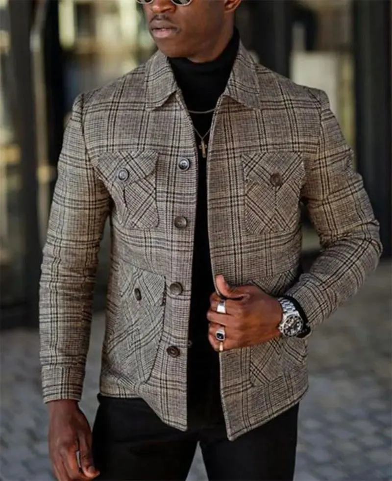 Wiaofellas  -  Men‘’s Plaid Jacket Multi-Pocket Turndown Collar Buttons Jacket Coat Fashion Casual Outdoor Coat High Quality For Men Clothing