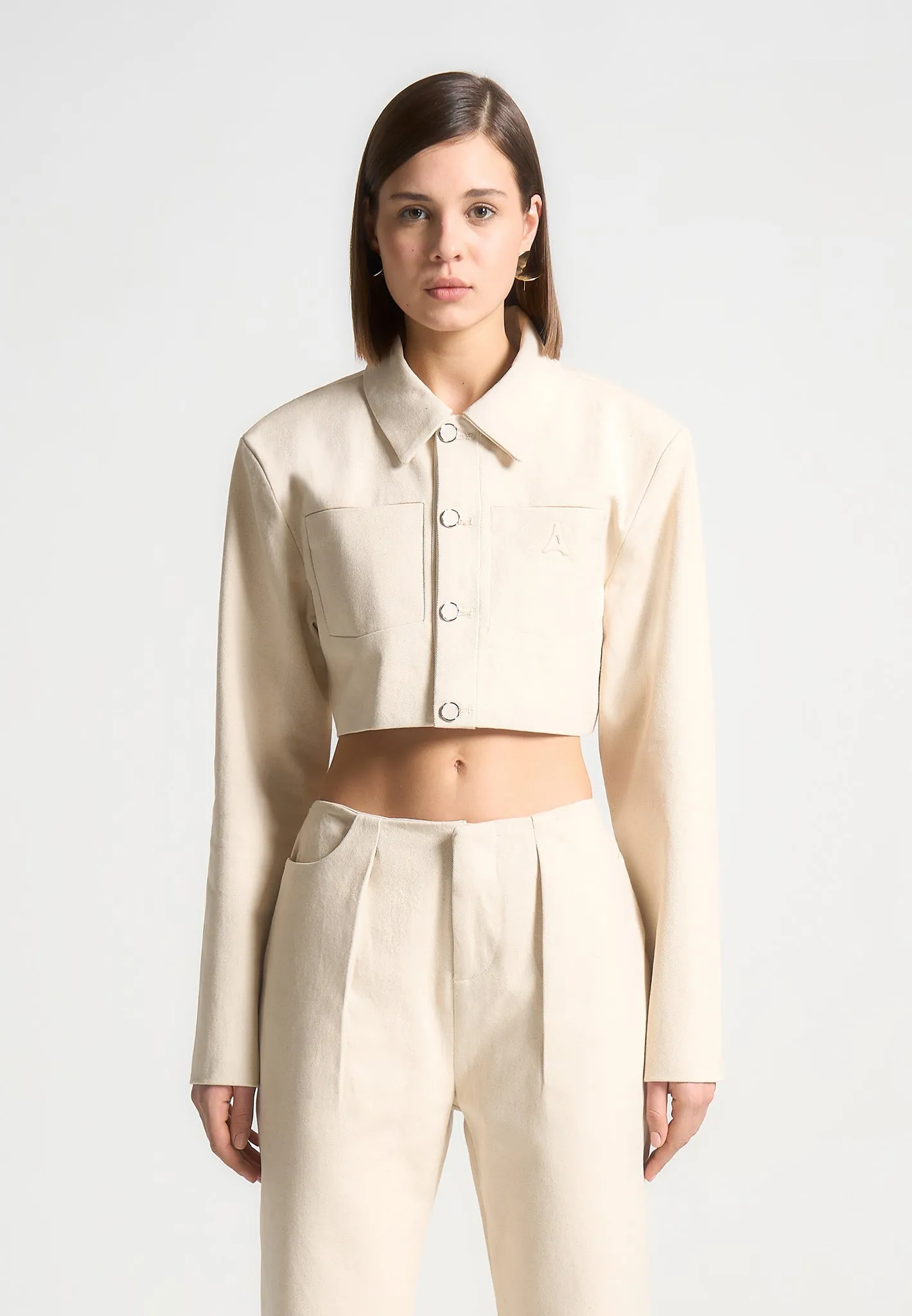 Wide Shoulder Cropped Denim Jacket - Cream