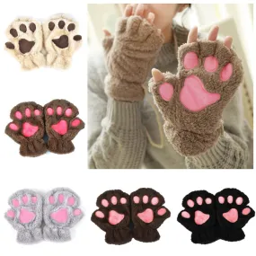 Winter Women Cute Cat Paw Claw Plush Mittens Short Fingerless Finger Half Gloves