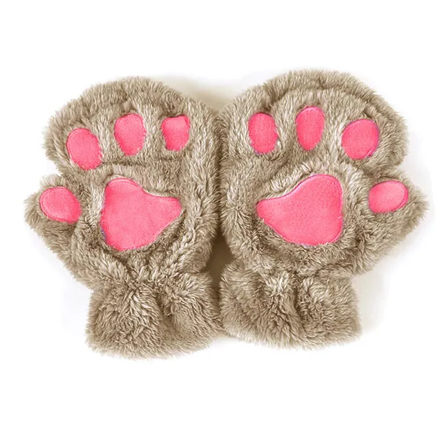 Winter Women Cute Cat Paw Claw Plush Mittens Short Fingerless Finger Half Gloves