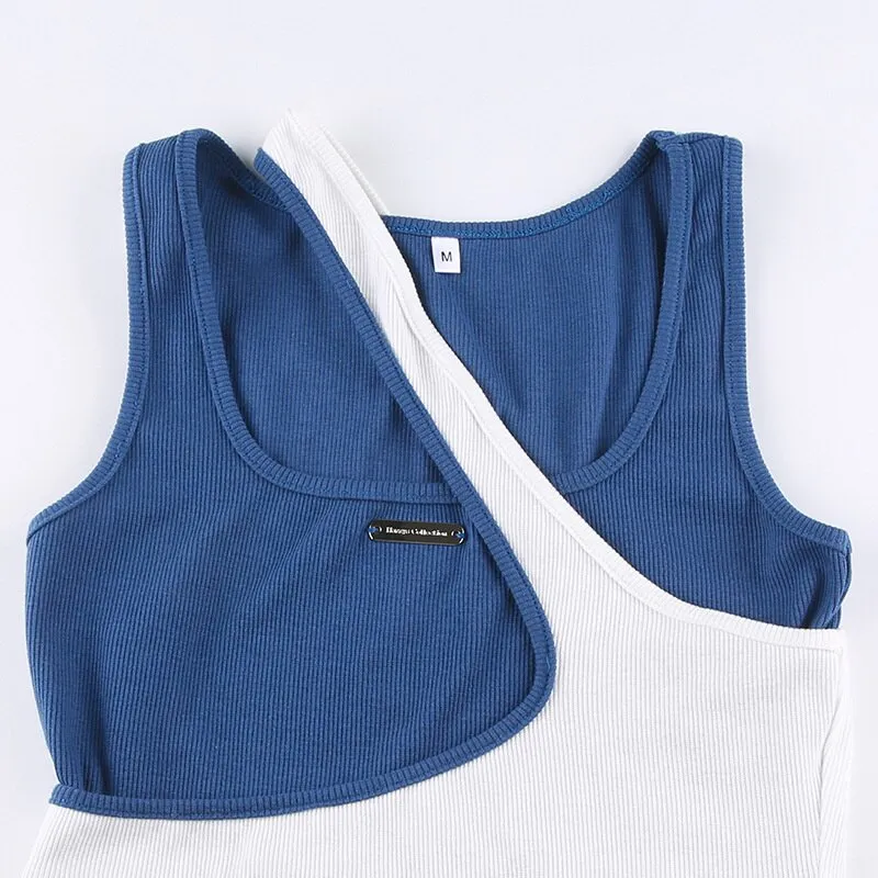 Wjczt Fake Two-piece Vest Top Girls Irregular One Shoulder Slim Fitting Knitted Short Tee Women's New Crop Top Tank Tee Summer