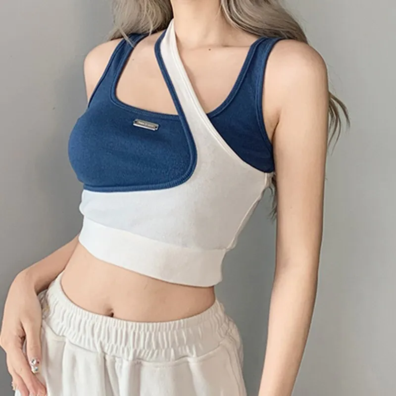 Wjczt Fake Two-piece Vest Top Girls Irregular One Shoulder Slim Fitting Knitted Short Tee Women's New Crop Top Tank Tee Summer