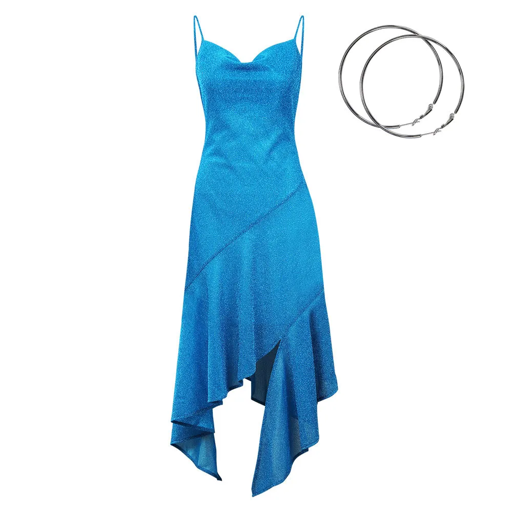 Women 1970S Vintage Disco Dress Asymmetric Camisole Dress Cosplay Costume Halloween Carnival Suit