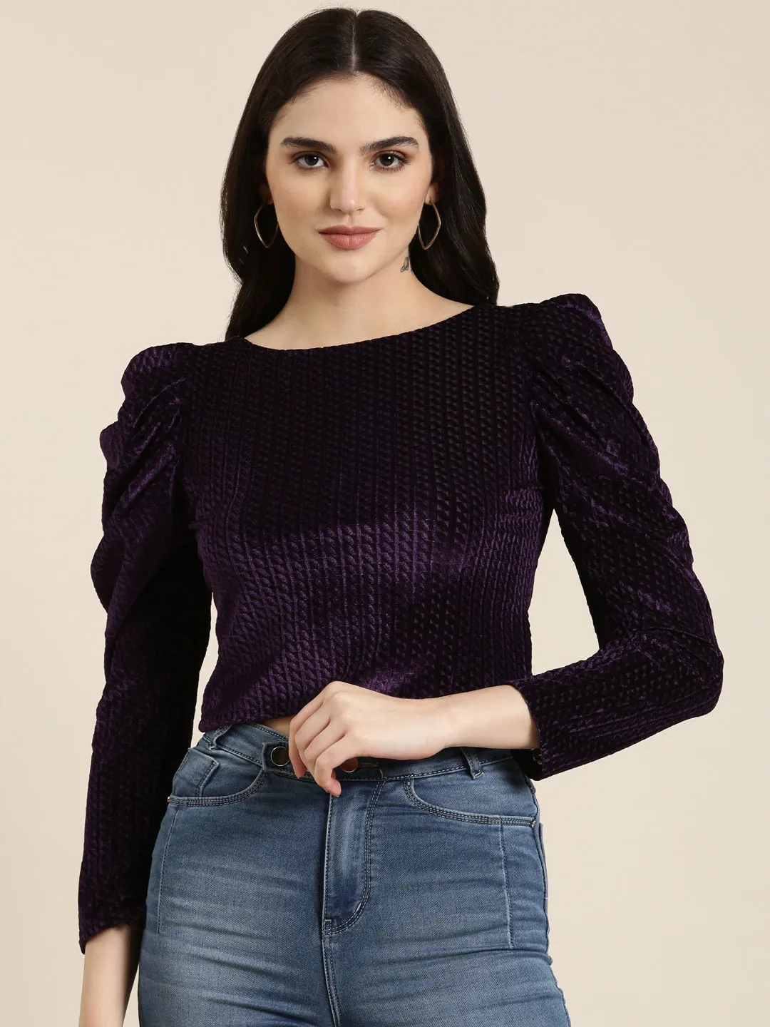 Women Purple Solid Crop Top