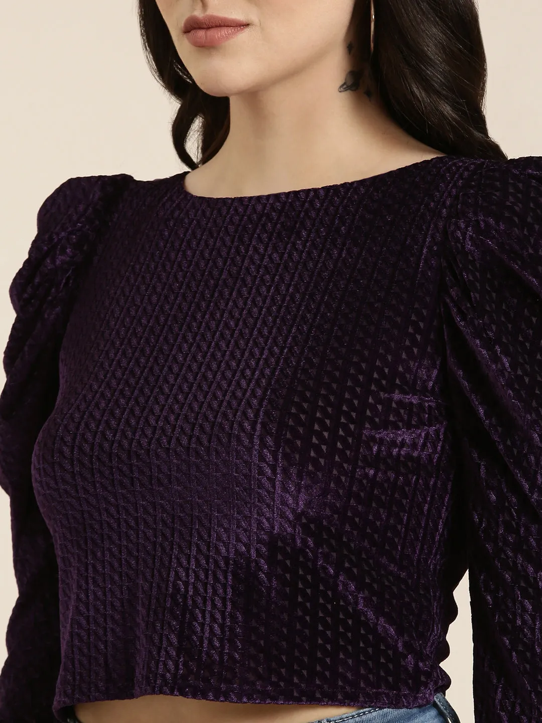 Women Purple Solid Crop Top