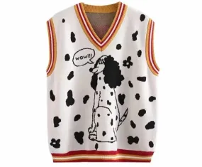 Women's Cartoon Dog Embroidery Knitted Sweaters Sleeveless Vest  Winter Warm V-Neck Female Jumpers Pullovers