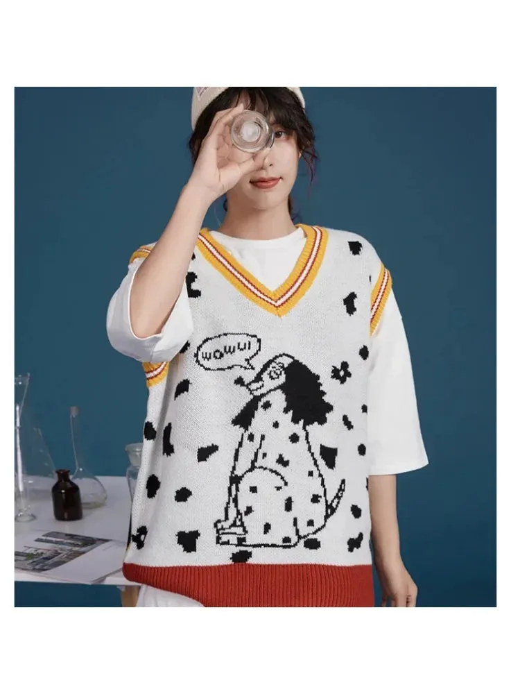 Women's Cartoon Dog Embroidery Knitted Sweaters Sleeveless Vest  Winter Warm V-Neck Female Jumpers Pullovers