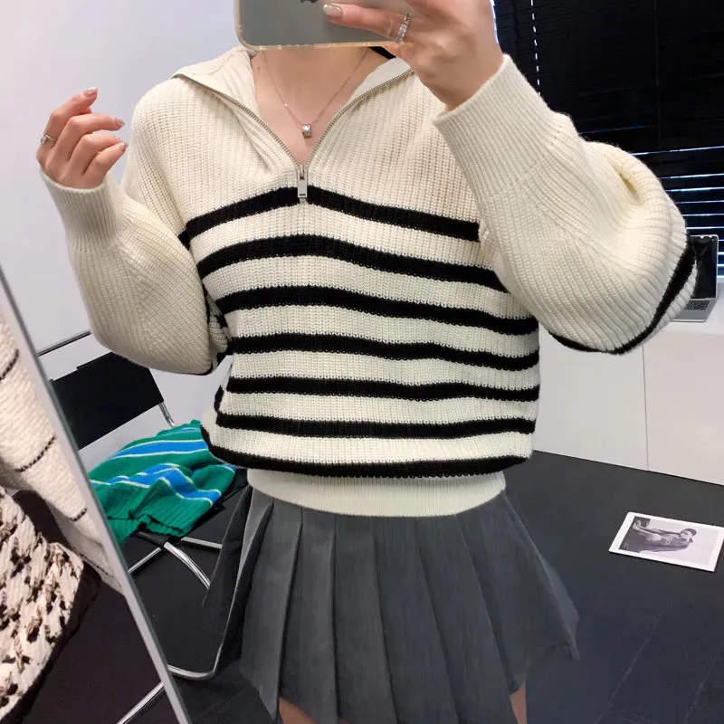 Women's Loose Striped Zip-Up Long Sleeve Knitted Sweater