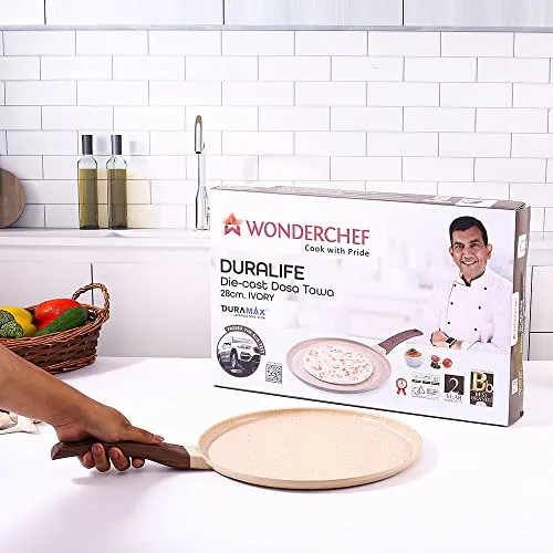 Wonderchef Duralife Die-cast 28 cm Dosa Tawa | 5 Layer Healthy Duramax Non-Stick Coating | Soft Touch Handle | Pure Grade Aluminium | PFOA Free | 2 Year Warranty Ivory