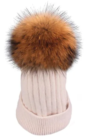 Wool Blend Fur Pom Beanie